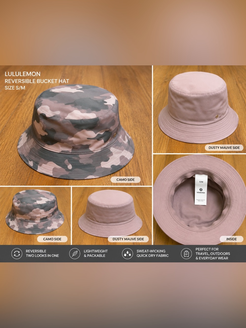 Lululemon Reversible Bucket Hat S/M Dusty Mauve Camo NWOT